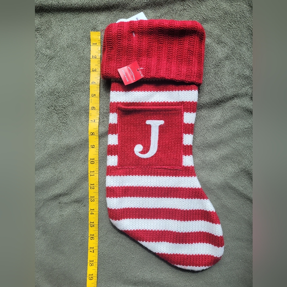 🎄 Red & White Knit Christmas Stocking with "J" Monogram – 18” NWT
